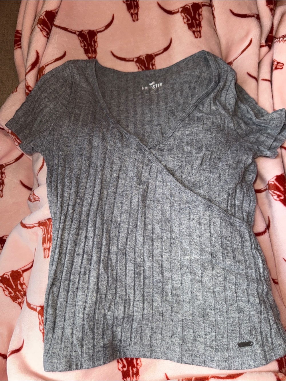 Hollister Grey Ribbed Wrap-Style V-Neck Tee